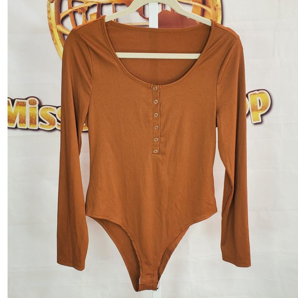 Shein Brown Ribbed Snap Bodysuit XL